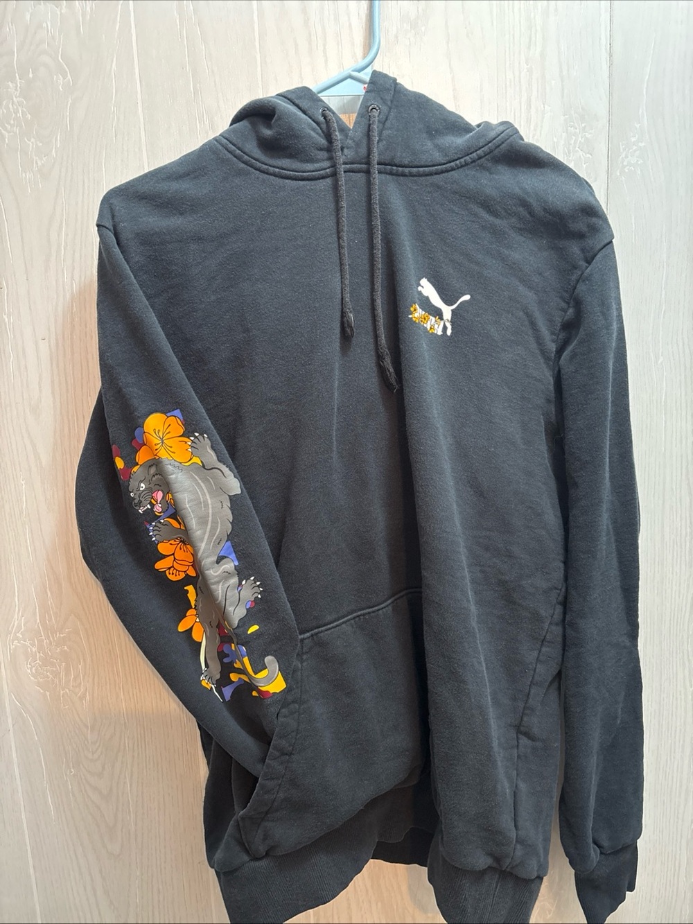 Puma Black Hoodie with Floral Panther Sleeve Graphic